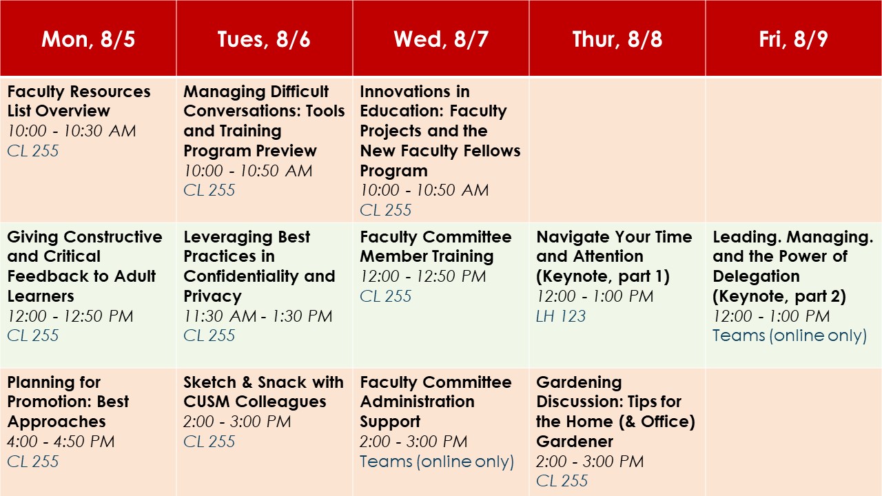 Faculty development week calendar