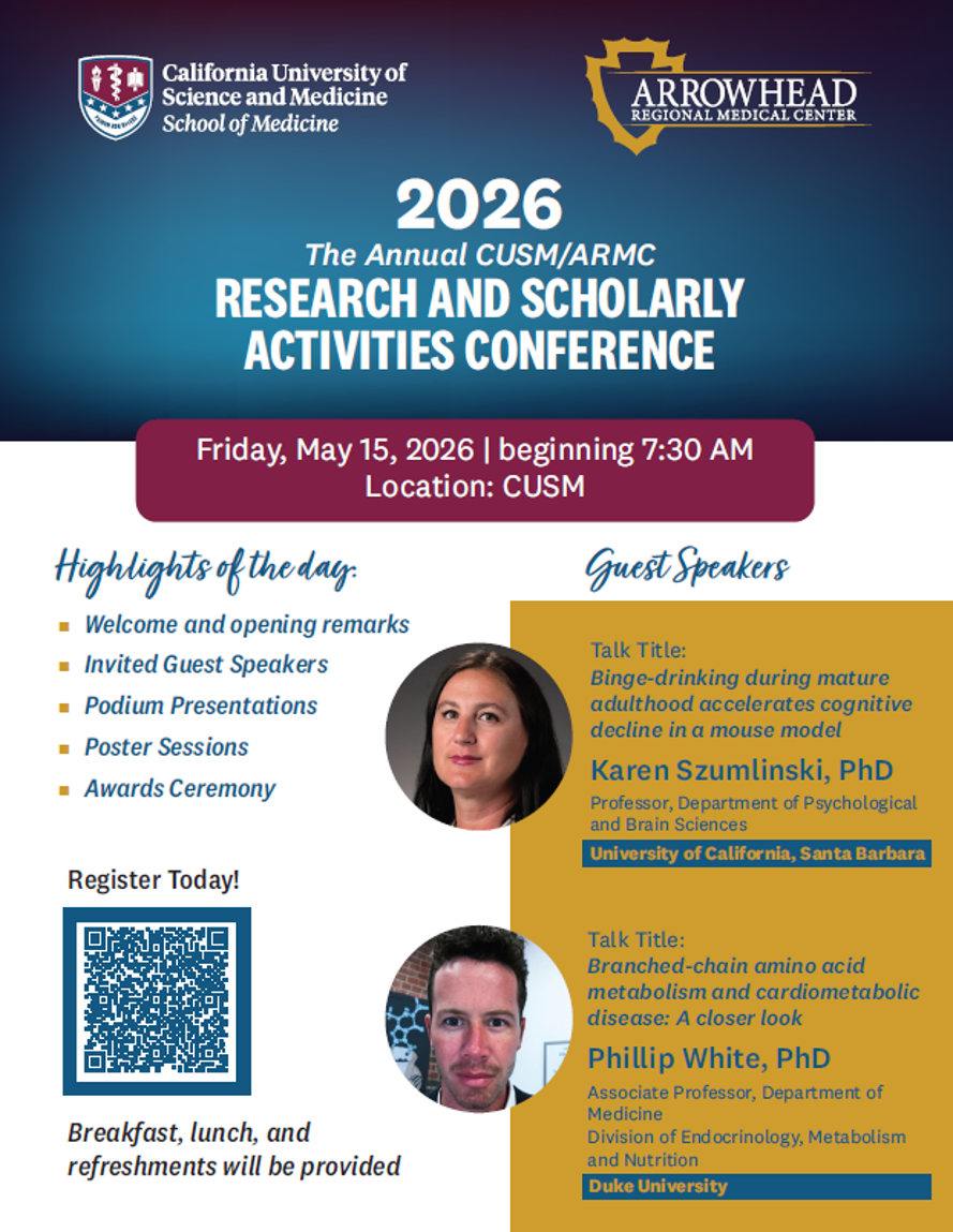 2026 Research symposium flyer Friday may 15 2026 730 am at CUSM Guest speakers Karen Szumlinki, PhD and Phillip White, PhD